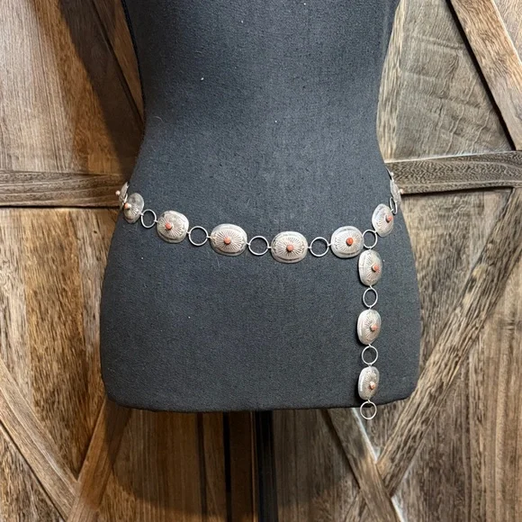 Vintage Sterling Silver Coral Stone Concho Belt . - Picture 3 of 13